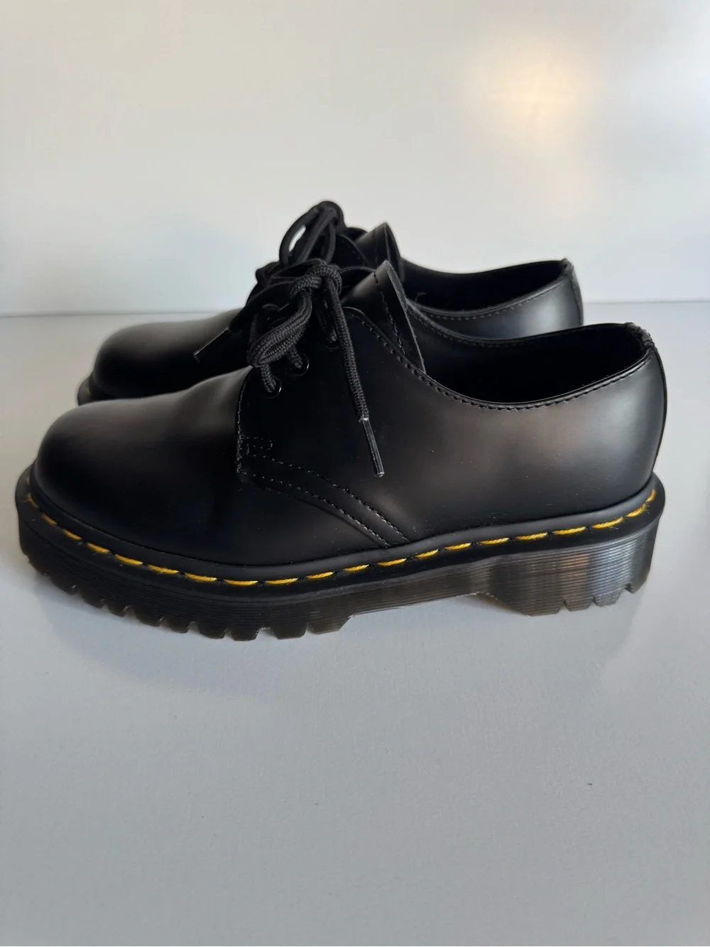 Black Lace-Up Derby Shoes with Yellow Stitch Detail